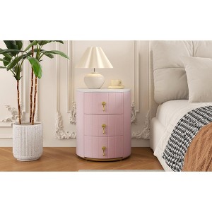 Vynxaria Elegant Upholstered Nightstand with 3 Drawers & Chic Marbling Top ¨C Fully Assembled Pink Bedside Table with Metal Handles - 1 of 4