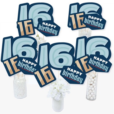 Big Dot of Happiness Boy 16th Birthday - Sweet Sixteen Birthday Party Centerpiece Sticks - Table Toppers - Set of 15