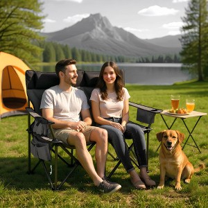Oversized Double Camping Chair with High Back, Pillow - Heavy Duty Folding Loveseat for 900lbs Capacity, Portable Support for Camping, Beach, Backyard - 1 of 4