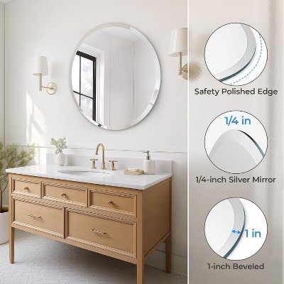 30" Round Frameless Polished Glass Bathroom Mirror