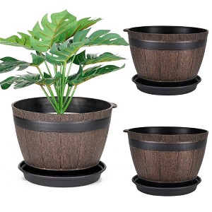 VECELO Plant Pots with Tray, Flower Pots with Drainage Holes & Saucer, Plastic Barrel Planters for Indoor & Outdoor Garden - 1 of 4