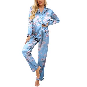 Ekouaer Women's Classic Button Down Long Satin Silk Pajama Set - 1 of 4