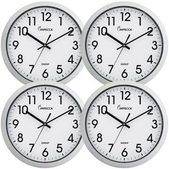 Impecca 14 Inch Sweep Movement Wall Clock, White, 4 Pack