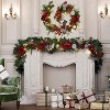 6ft Pre-Lit Christmas Garland with 20 Warm White LEDs, Flower & Bow Decor for Indoor/Outdoor Front Door and Mantle - 2 of 4
