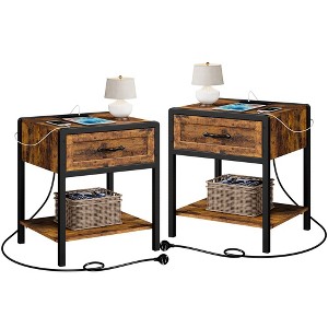Garvee Nightstand Set of 2, Nightstands with Charging Station, Modern Nightstands with Drawers Storage Shelf for Bedroom, Living Room, Brown - 1 of 4