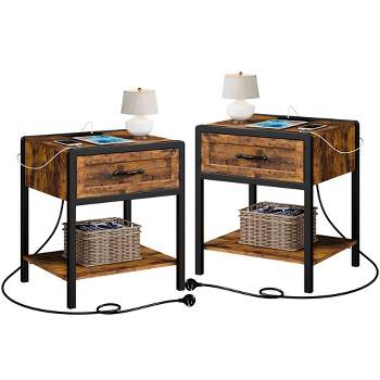 Whizmax Nightstand Set of 2, Nightstands with Charging Station, Modern Nightstands with Drawers Storage Shelf for Bedroom, Living Room, Brown