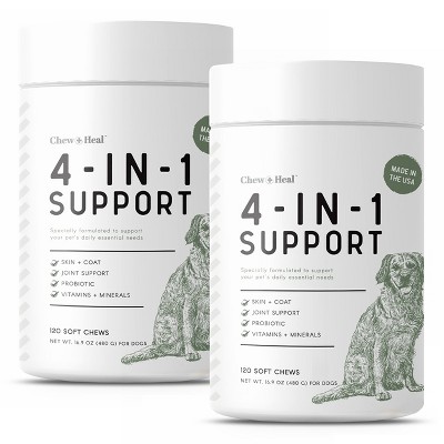 Chew + Heal 4-in-1 Support Multivitamin, Dog Vitamin, Contains Probiotics & Numerous Vitamins - 240 Delicious Chews