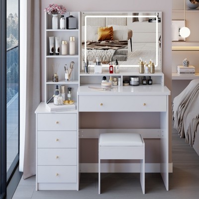 Makeup Vanity Desk with Mirror and Light, Makeup Vanity Table with Stool, Dressing Table with 5 Drawers & Open Storage for Small Space