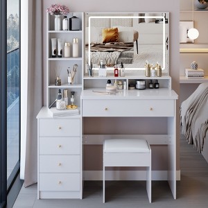 Makeup Vanity Desk with Mirror and Light, Makeup Vanity Table with Stool, Dressing Table with 5 Drawers & Open Storage for Small Space - 1 of 4