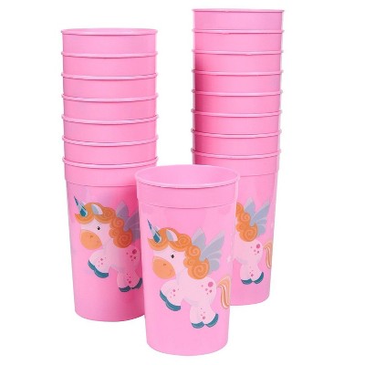 Blue Panda 16 Pack Unicorn Birthday Party Cups, Reusable Tumblers, Pink Plastic Cups, Magic Unicorn Party Essentials, 16 oz