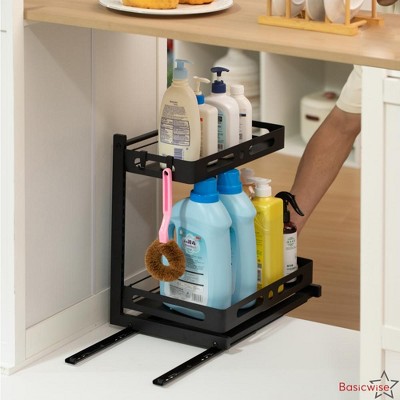 Basicwise Adjustable Height Under Sink Pull-Out Organizer 2-Tier Sliding Shelf Rack Heavy-Duty Mesh Baskets for Kitchen — фото 5