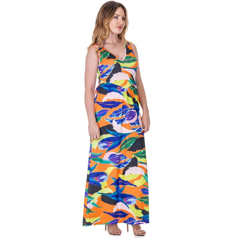 24seven Comfort Apparel Multicolor Floral Sleeveless V Neck Maxi Dress With Pockets, 2 of 9