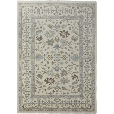 Ivory Gray and Brown Wool Floral Hand Knotted Area Rug With Fringe