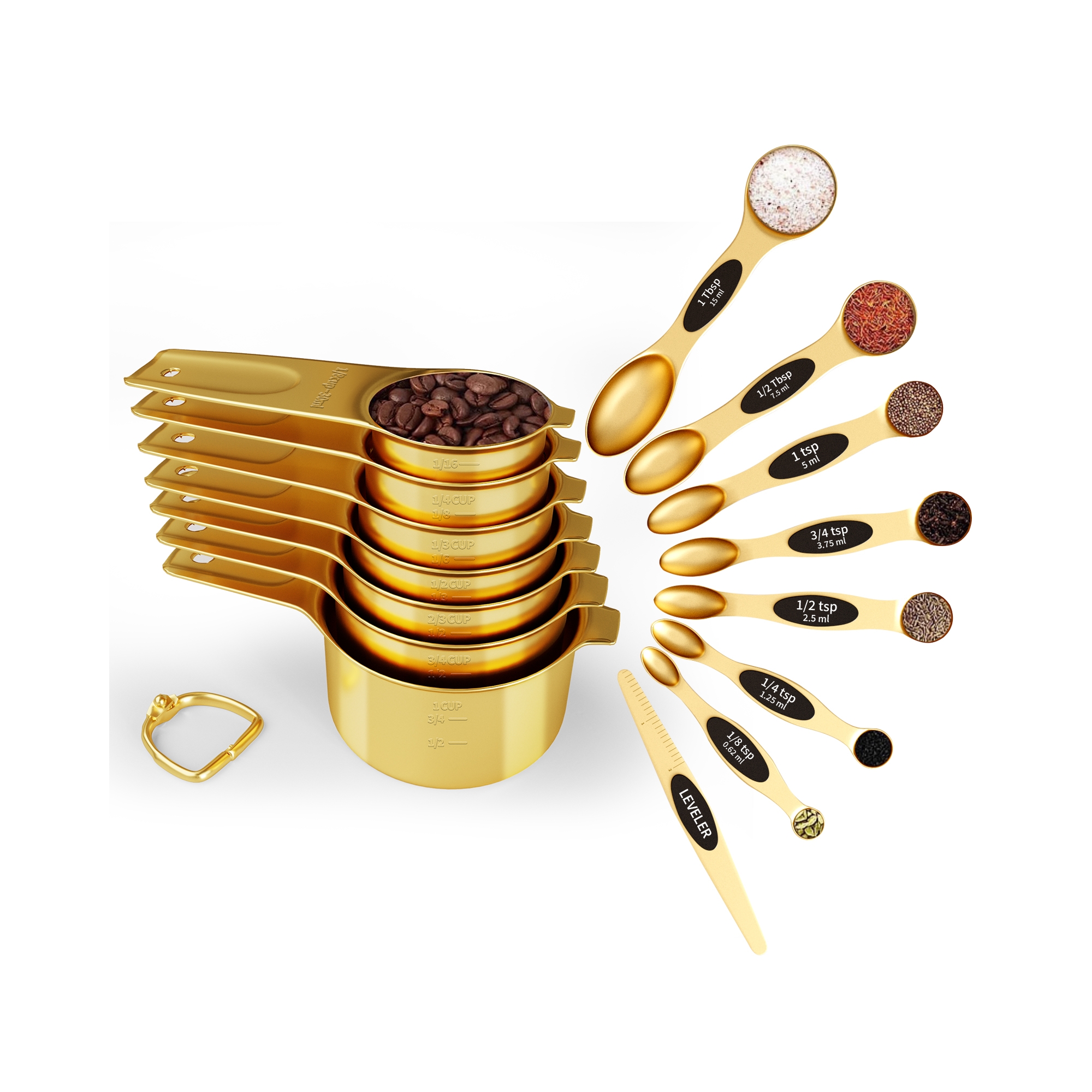 15-Piece Stainless Steel Measuring Cups and Spoons Set Magnetic Nesting Gold