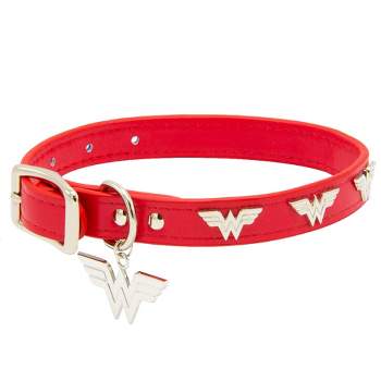 Buckle-Down Vegan Leather Dog Collar - DC Comics Wonder Woman Red with WW Icon Embellishments & Metal Charm