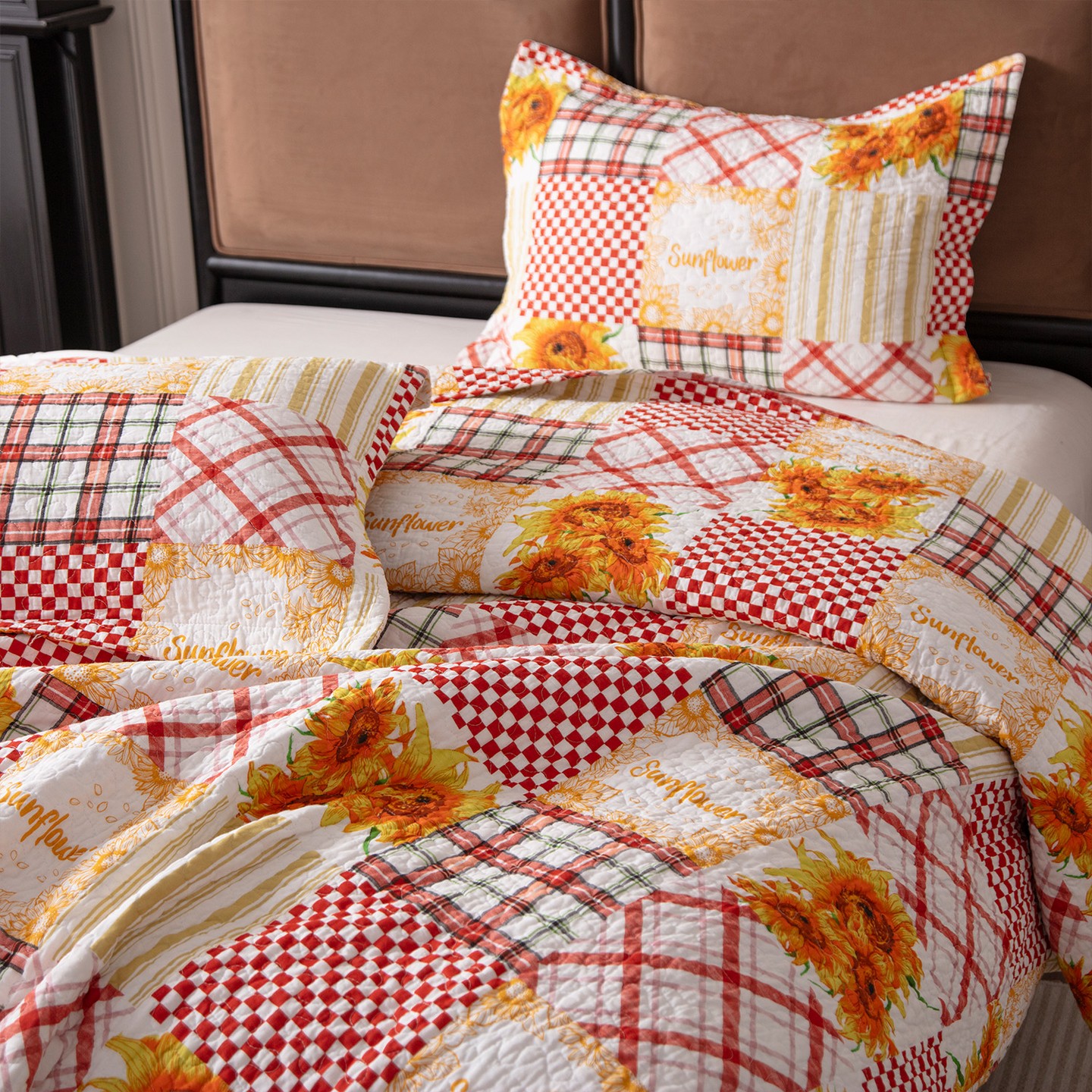 Комплект с покрывалом Acoinel Sunflower Patchwork Quilt Set - 3-Piece Reversible Bedspread with Pillow Shams — фото 6