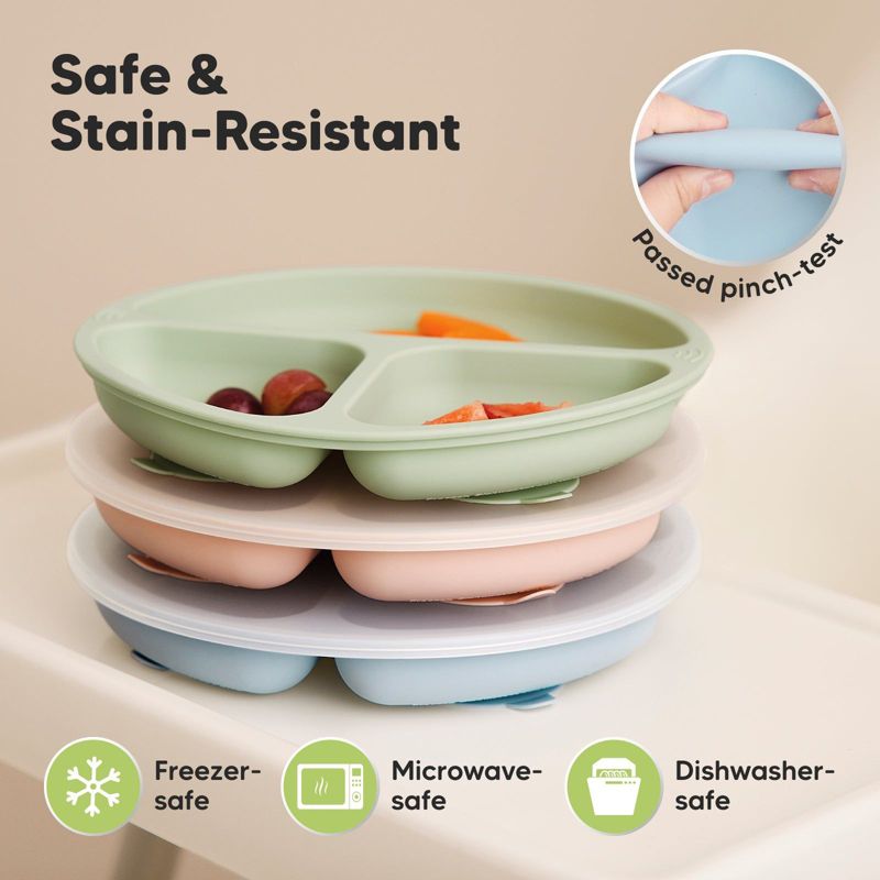 3-Pack Prep Suction Plates with Lids, 100% Silicone Baby Plates with Lid, BPA-Free Kids Divided Toddler Plates, 5 of 10