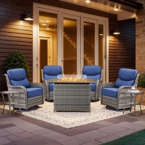 Buenhomino Luxury 7 Piece Wicker Patio Furniture Set with 41" Fire Pit Table - Outdoor Swivel Rocker Chairs Set of 4 with 2 Glass Side Tables - 1 of 4