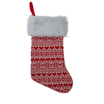 Northlight 19" Red and White Hearts With Snowflakes Knit Christmas Stocking Faux Fur Cuff