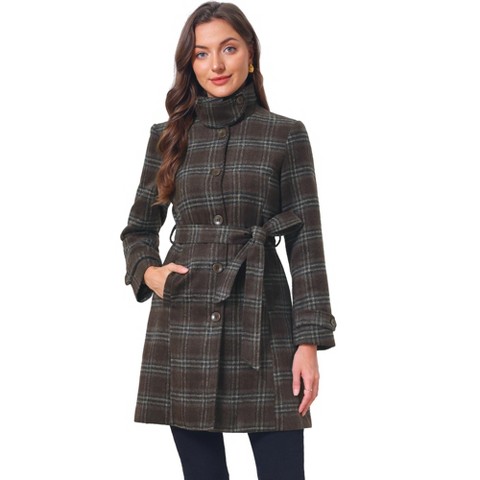 INSPIRE CHIC Women's Vintage Plaid Long Sleeve Stand Collar Belted Single Breasted Overcoat X-Small Brown