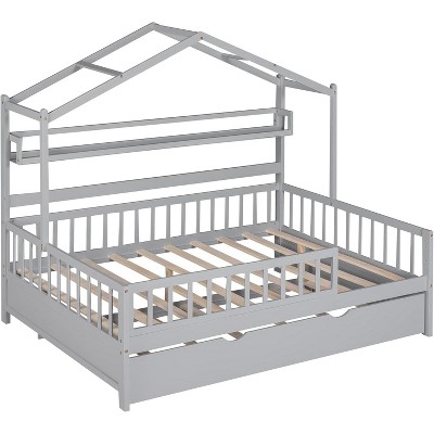 GustoWave 77.6'' x 57.8'' Wooden House Bed Frame with Trundle, Full Size Wood Playhouse Bed Frame with Roof Design & Storage Shelves, Gray