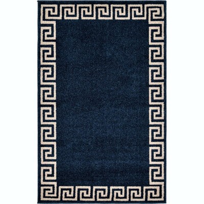 Navy Blue Geometric Border Rectangular Synthetic Rug
