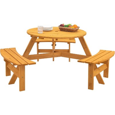 6 Person Round Picnic Table with Umbrella Hole, Outdoor Wooden Dining Set with 3 Built-in Benches, 1720lb Capacity for Garden/Patio