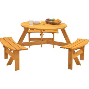 6 Person Round Picnic Table with Umbrella Hole, Outdoor Wooden Dining Set with 3 Built-in Benches, 1720lb Capacity for Garden/Patio - 1 of 4
