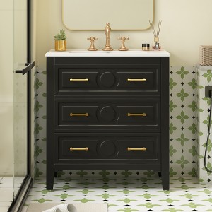 30"W Bathroom Vanity with Ceramic Sink, Free Standing Single Vanity Set with 3 Drawers, Solid Wood Frame, Classic Design - ModernLuxe - 1 of 4