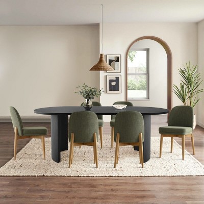 7-Piece Oval Dining Table Set, Modern Wood Table in Black or Oak with 6 Upholstered Chairs, Solid Wood Legs-Maison Boucle