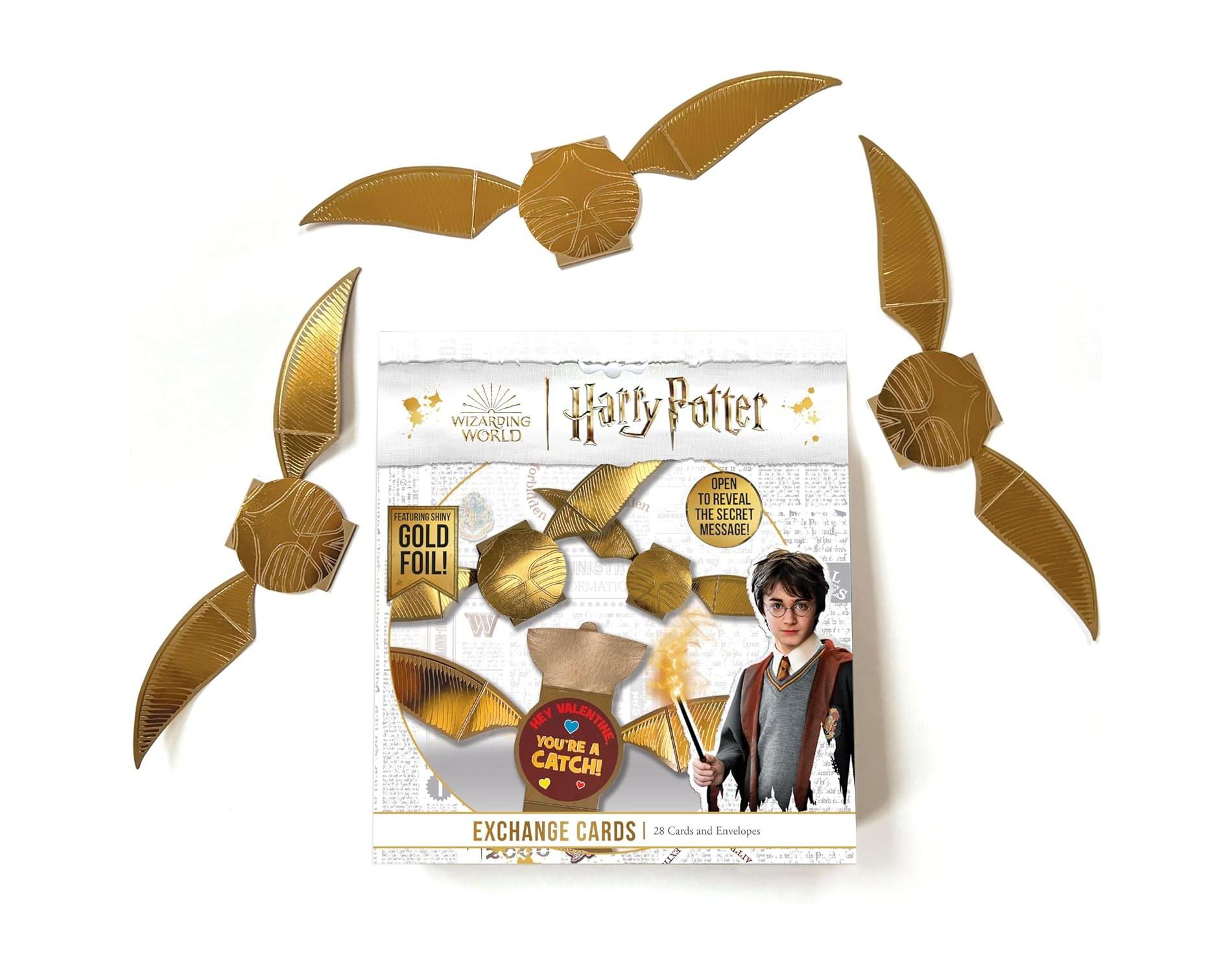 Harry Potter Golden Snitch Valentine's Day Card Set for Kids, 28 Card Pack & Envelopes - Shiny Gold Foil Snitch Cards with Fun Greetings