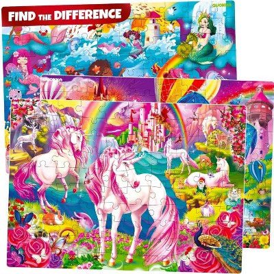 QUOKKA 100 Piece Puzzles for Kids Ages – 3XSET Puzzles for Kids Ages 4-6 – Search & Find Mermaids Unicorns Kid Activities