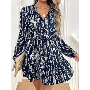 Women's Graphic Print Lantern Sleeve Button Shirt Dress Ruffle Hem Short Dress - 1 of 4