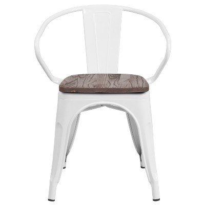 Modern Rustic White Metal Bistro Chair with Wood Seat and Arms