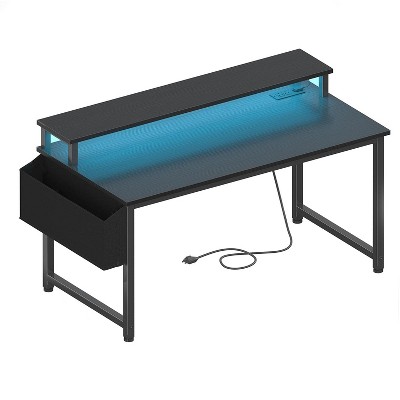 Itopfox Gaming Desk with LED Lights and Power Outlets, Teen Writing Study Table Home Office Desks with Monitor Stand, Computer Desk with Charging USB