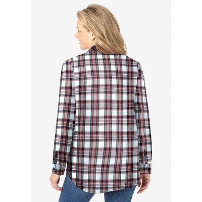 Ivory Multi Plaid Pintucked Cotton Flannel Shirt, Plus Size
