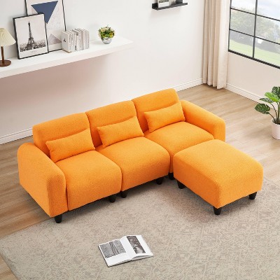 NicBex 84.6 Inch L-Shaped Teddy Fleece Sectional Sofa with Movable Ottoman and 3 Waist Pillows for Living Room,Bedroom,Apartment