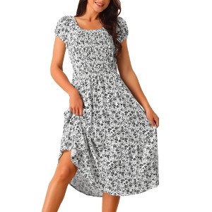 Seta T Women's Casual Floral Crew Neck Cap Sleeve Boho Flowy Midi Dress with Pockets - 1 of 4