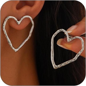Large Hollow Heart Stud Earrings, 14K Gold Plated Geometric Jewelry for Women - 1 of 4