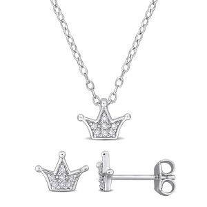 EVERLY JEWELRY | Sterling Silver 1/4ct TGW Created White Sapphire Crown Pendant with Chain and Stud Earrings Set - 18 in - 1 of 4
