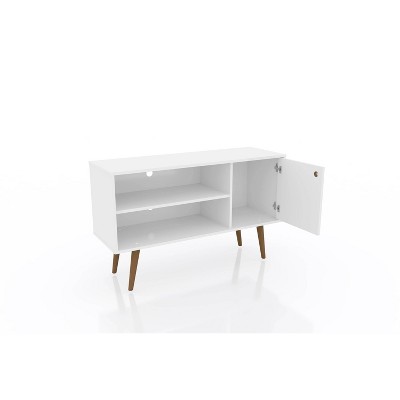 Sleek White Mid-Century Modern TV Stand with Cabinet and Shelves