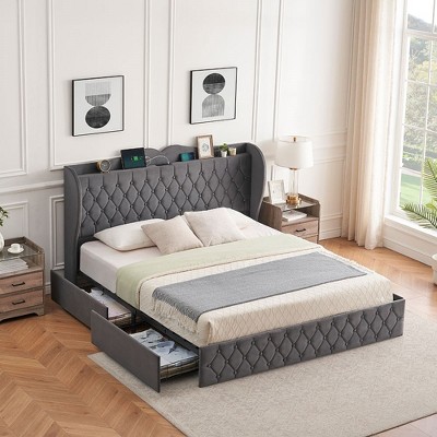 Whizmax Bed Frame with 4 Storage Drawers and Charging Station, Velvet Button Tufted Upholstered Platform Bed with Tall Headboard and Storage Shelf