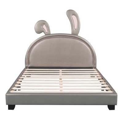 Bellemave Cute Kids Full Size Bed Frame,Full Upholstered Platform Bed with Rabbit Ear Shaped Headboard for Girls& Boys,Girls Bed,Full,Gray