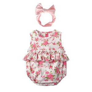 MyKids-Usa Baby Girl Floral Print Graphic Ruffle Design Sleeveless Onesies & Headband - 1 of 4