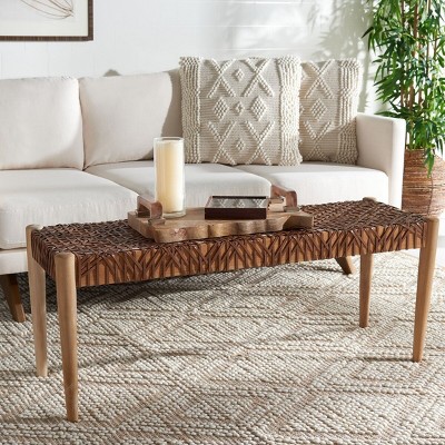 Bandelier 49'' Light Honey Teak and Leather Weave Bench with Storage