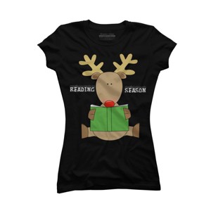 Junior's Design By Humans Christmas Reading Reindeer Shirt By Galvanized T-Shirt - 1 of 3