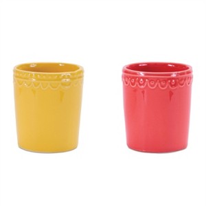 HomeRoots Set of Two Pink And Yellow Ceramic Rectangular Cachepots - 1 of 4