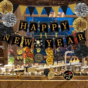 New Year Party Decorations Set with Black Gold Banner, Bunting, 6 Ceiling Swirls & Tissue Pom Poms for New Year's Eve - 1 of 4