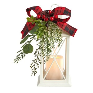 Nearly Natural 12-in Holiday White Lantern With Berries, Pine and Plaid Bow Artificial Christmas Table Arrangement with LED Candle Included - 1 of 4