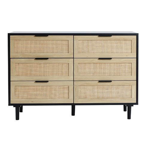 LuxenHome Black and Brown Wood 6-Drawer Rattan Dresser Multicolored - image 1 of 4